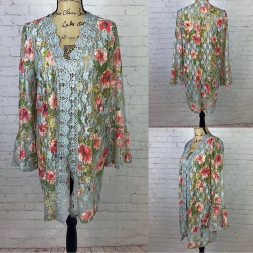 Full Circle Trends Floral Lace Open Front Bell Sleeves Kimono